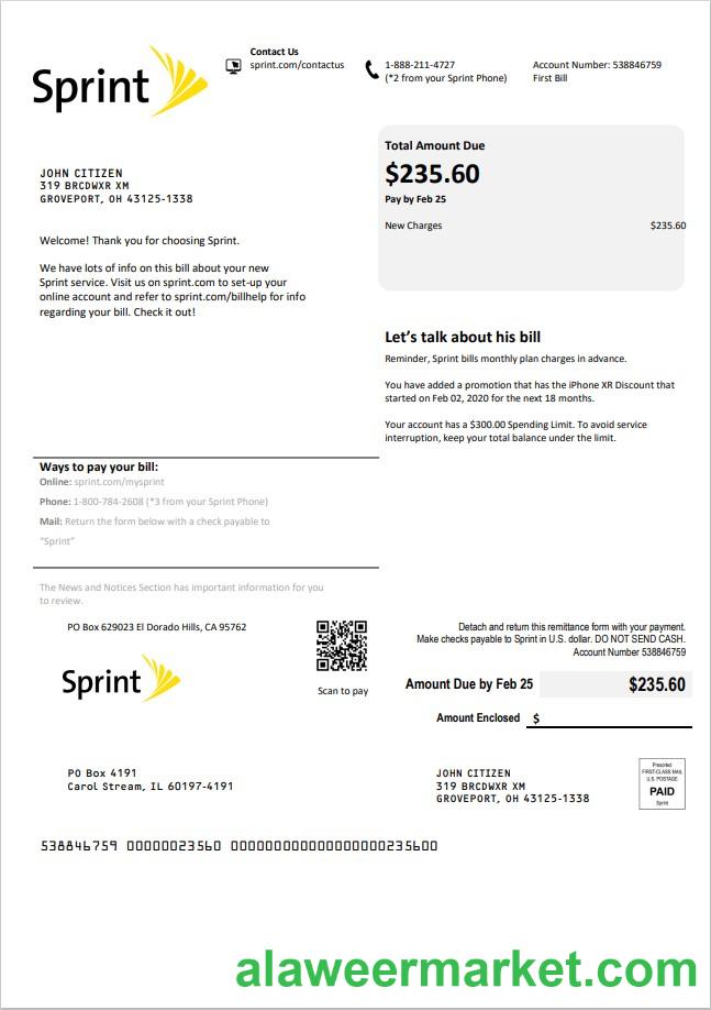 USA Sprint (T-Mobile) utility bill template in Word and PDF format